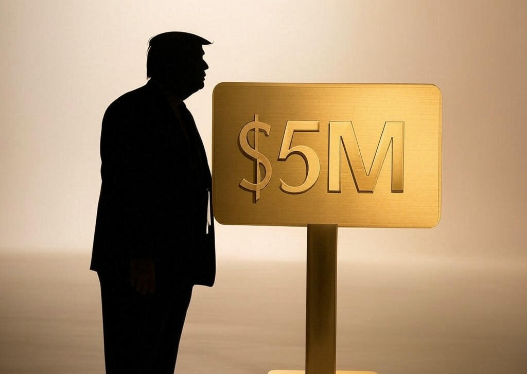 Illustration of a shiny gold card labeled 'Trump Gold Card' with the figure $5M, representing the proposed visa cost